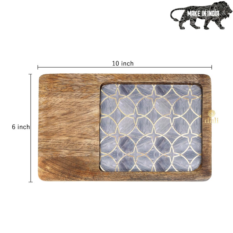 DULI Enamel Coated Square (10x6inches) Serving Platter in Mangowood |Snacks Platter for Home & Dining Table | Serving Tray Rectangle Tray (PlatterRct- LilacGoldStarHalfEnamel) - Image 3