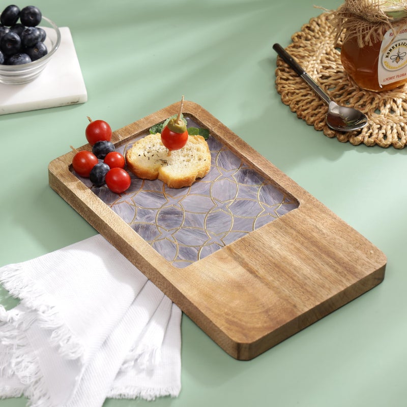 DULI Enamel Coated Square (10x6inches) Serving Platter in Mangowood |Snacks Platter for Home & Dining Table | Serving Tray Rectangle Tray (PlatterRct- LilacGoldStarHalfEnamel) - Image 1