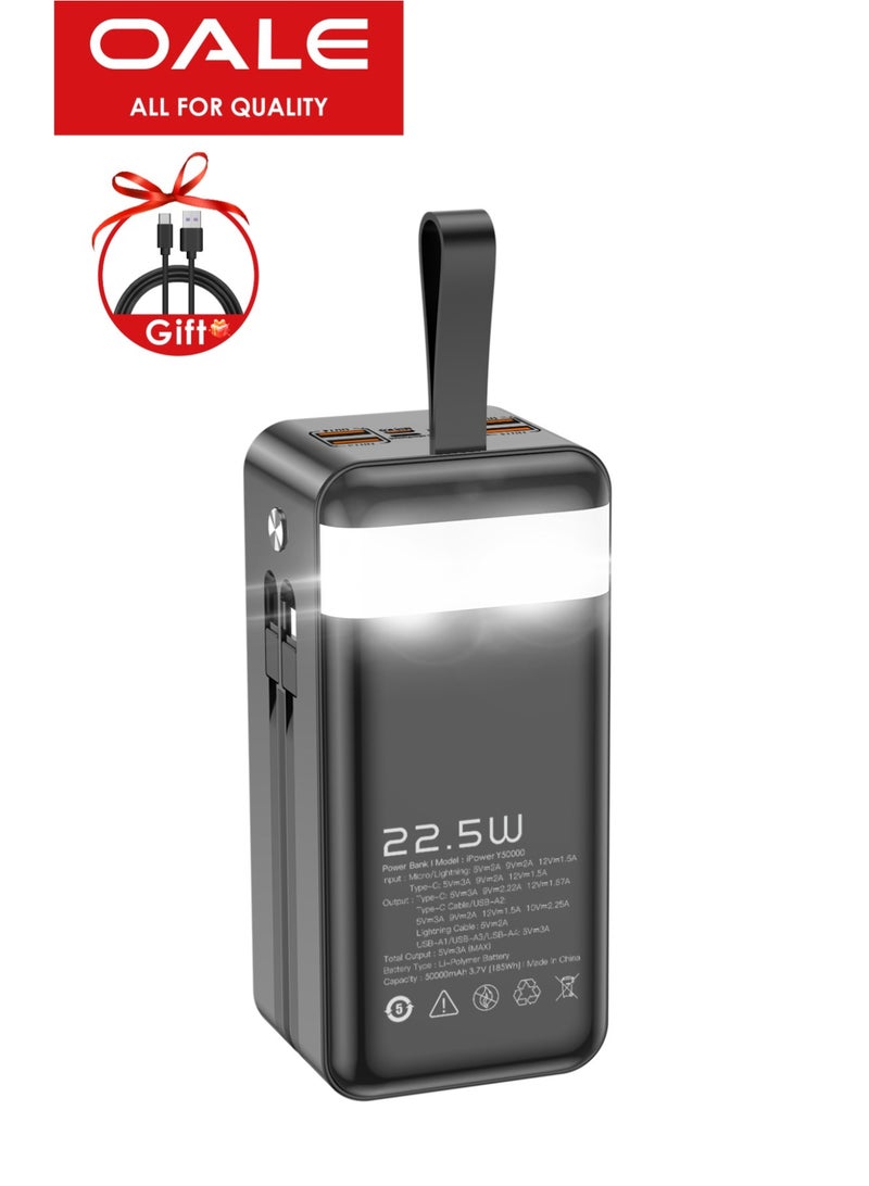 OALE iPower Y50000 Power Bank 50000mAh, 22.5W Fast Charging, 5 Outputs, 3 Inputs, Dual Built-in Cables (Type-C & Lightning), LED Light, Digital Display - Image 2