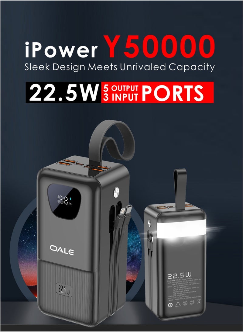 OALE iPower Y50000 Power Bank 50000mAh, 22.5W Fast Charging, 5 Outputs, 3 Inputs, Dual Built-in Cables (Type-C & Lightning), LED Light, Digital Display - Image 3