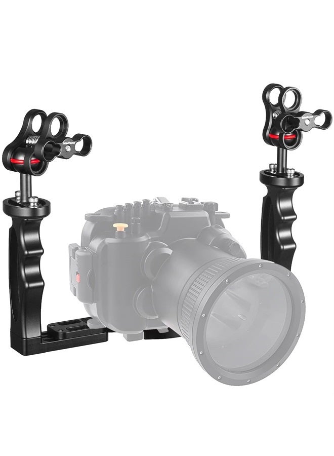 MINIFOCUS Underwater Camera Handle Tray Bracket, Dual Handle Extendable Aluminum Alloy Video Stabilizer Holder with 2 1'' Ball Clamp Mount for Underwater Camera Diving Housings - Image 1