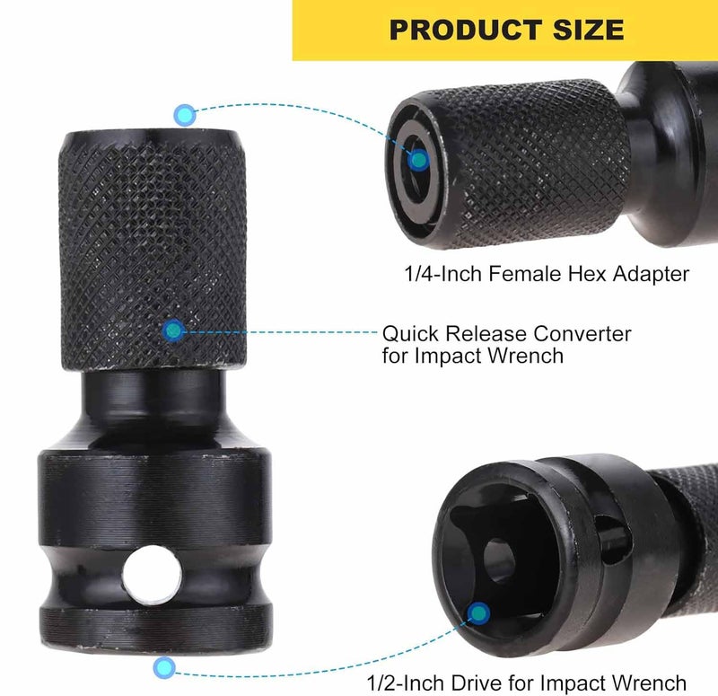 UPTODATETOOLS 4PCS 12Inch Square Drive to 14Inch Hex Female Socket Adapter Converter Chuck Adapter Quick Change Impact Adapter for Air and Electric Wrench - Image 2
