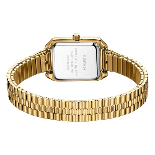 BOFAN Vintage Square Small Watches for Women Easy Read Ladies Quartz Wrist Watch with Stainless Steel Expansion Band,Gold Dial,Water Resistant.（5.90in-6.69in） - Image 3
