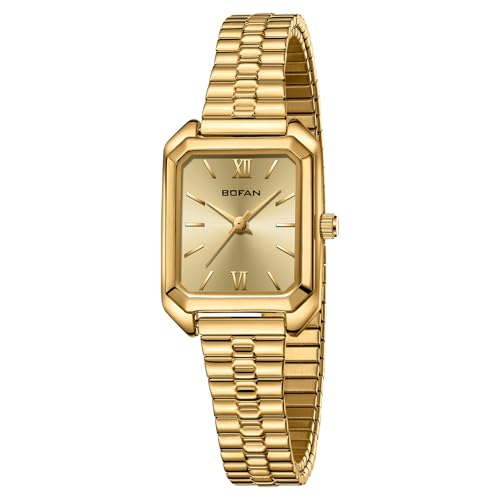 BOFAN Vintage Square Small Watches for Women Easy Read Ladies Quartz Wrist Watch with Stainless Steel Expansion Band,Gold Dial,Water Resistant.（5.90in-6.69in） - Image 1