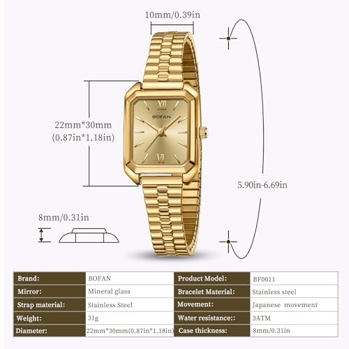 BOFAN Vintage Square Small Watches for Women Easy Read Ladies Quartz Wrist Watch with Stainless Steel Expansion Band,Gold Dial,Water Resistant.（5.90in-6.69in） - Image 4
