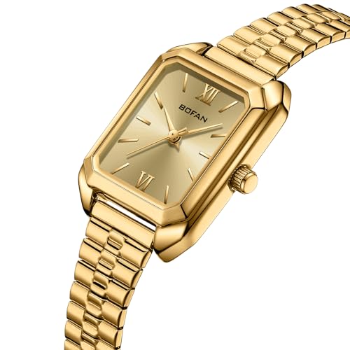 BOFAN Vintage Square Small Watches for Women Easy Read Ladies Quartz Wrist Watch with Stainless Steel Expansion Band,Gold Dial,Water Resistant.（5.90in-6.69in） - Image 2