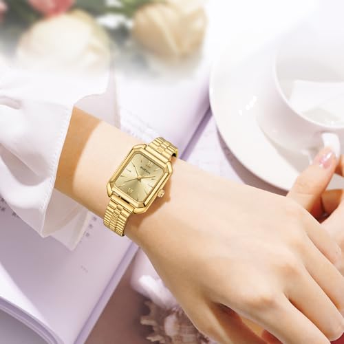 BOFAN Vintage Square Small Watches for Women Easy Read Ladies Quartz Wrist Watch with Stainless Steel Expansion Band,Gold Dial,Water Resistant.（5.90in-6.69in） - Image 5