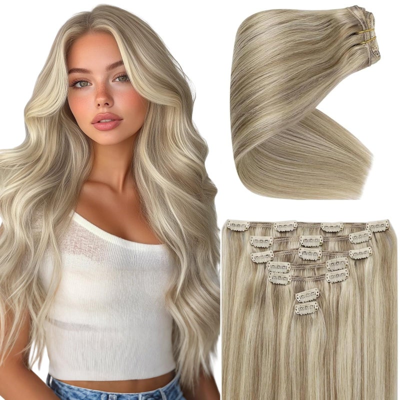 Ve Sunny Blonde Clip in Hair Extensions Highlight Clip in Extensions Human Hair Soft Real Hair Extensions Clip ins Golden Blonde Highlights Light Blonde for Fine Hair 120g 16inch