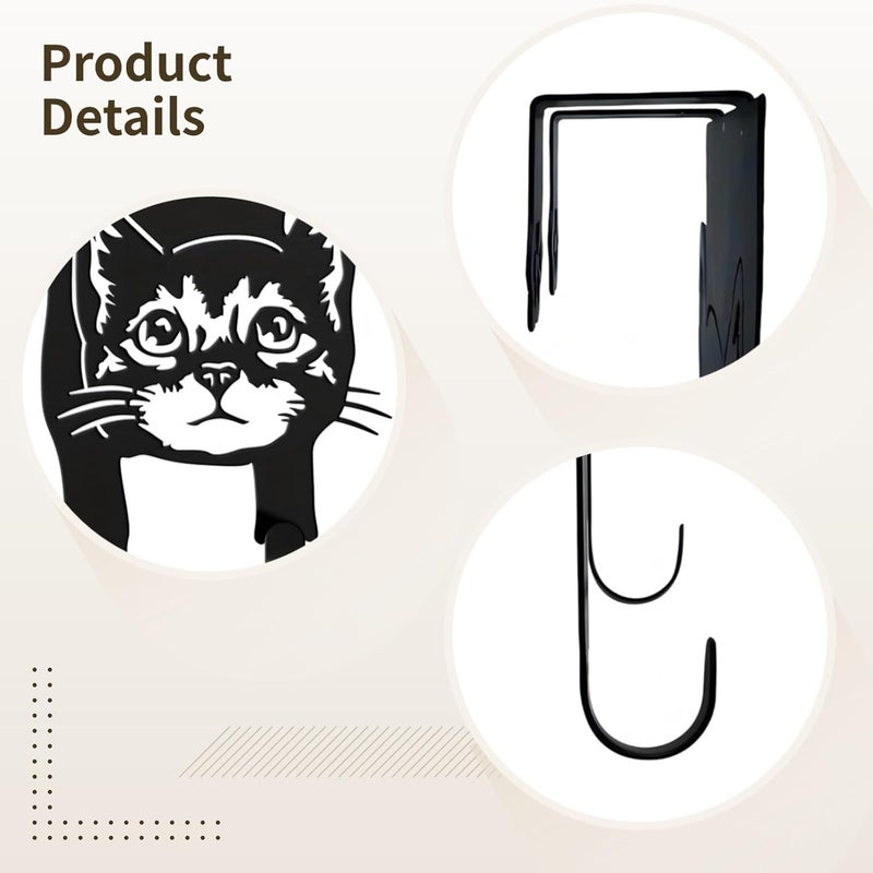 خطاف معطف على شكل قطة معدنية سوداء بدون حفر منظف فوق الباب - Image 3