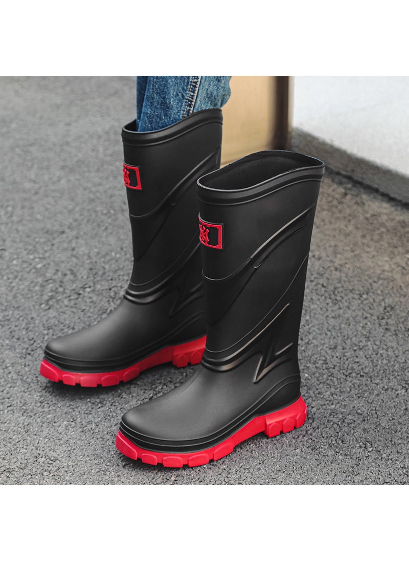 Generic Stylish Mens Rain Boots Waterproof Non-slipBlack and Red Black and Red 