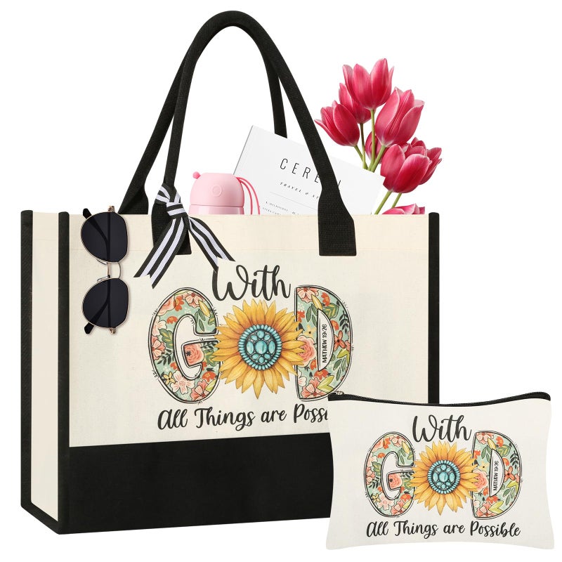 Tecanne Christian Gifts for Women Her Mom Wife Girlfriend Sisters Best Friends Canvas Tote Bag with Makeup Bag Inspirational Religious Spiritual Birthday Christmas Gifts for Women