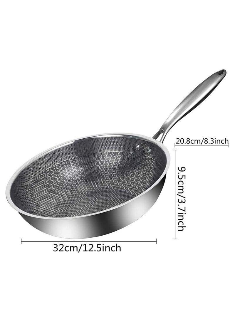 Generic - Stainless Steel Wok Round Bottom Non Stick Honeycomb Wok with Lid and Anti Scalding Handle 32cm - Image 1
