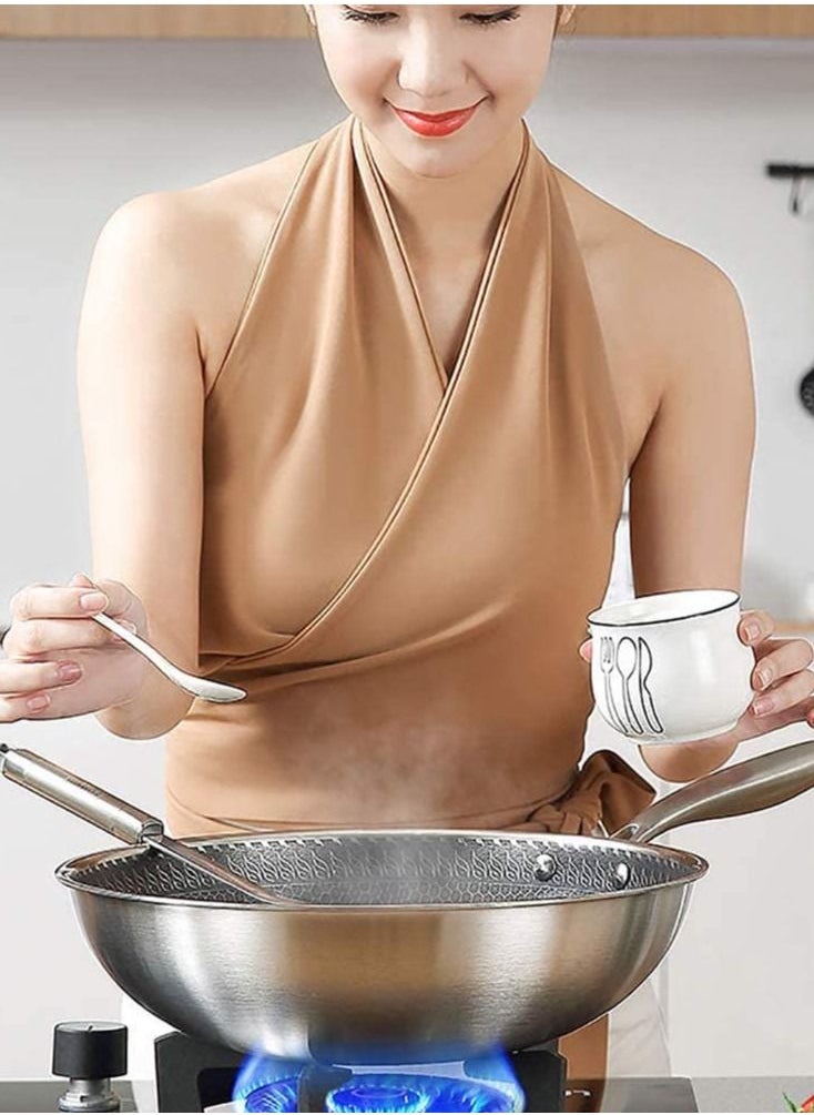Generic - Stainless Steel Wok Round Bottom Non Stick Honeycomb Wok with Lid and Anti Scalding Handle 32cm - Image 1