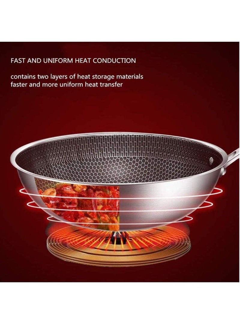 Generic - Stainless Steel Wok Round Bottom Non Stick Honeycomb Wok with Lid and Anti Scalding Handle 32cm - Image 1