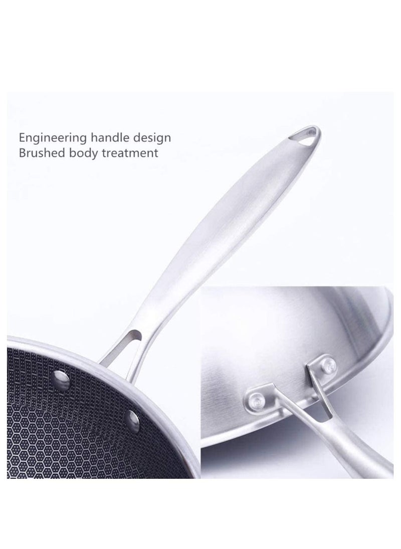 Generic - Stainless Steel Wok Round Bottom Non Stick Honeycomb Wok with Lid and Anti Scalding Handle 32cm - Image 1