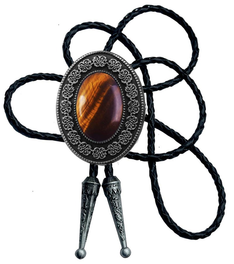 Moranse Bolo Tie with Round Flower And Gem Stone Parterre Style Genuine and Cowhide Rope - Image 1