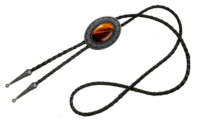 Moranse Bolo Tie with Round Flower And Gem Stone Parterre Style Genuine and Cowhide Rope - Image 2