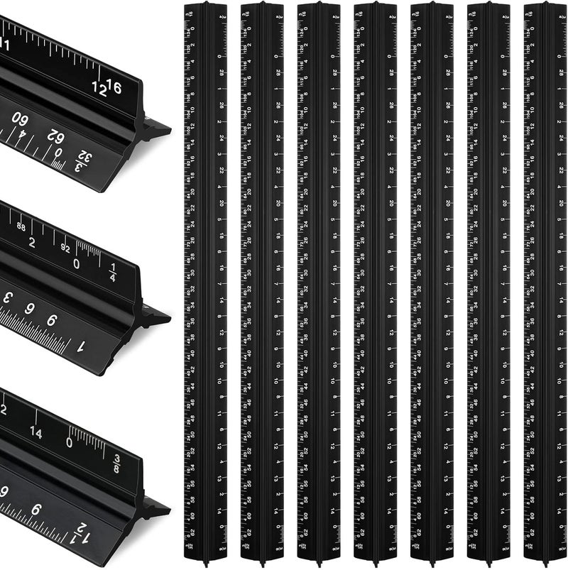 Macarrie ماكارى 10 قطع مسطرة معمارية مثلثية 12 مجموعة مساطر مهندسين من الألمنيوم المعدني مع قياسات إمبراطورية لطلاب الهندسة المعمارية والرسامين والمهندسين باللون الأسود - Image 1