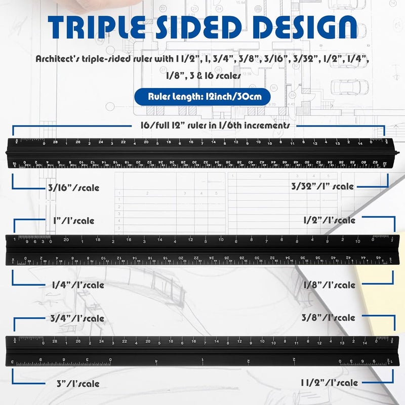 Macarrie ماكارى 10 قطع مسطرة معمارية مثلثية 12 مجموعة مساطر مهندسين من الألمنيوم المعدني مع قياسات إمبراطورية لطلاب الهندسة المعمارية والرسامين والمهندسين باللون الأسود - Image 3