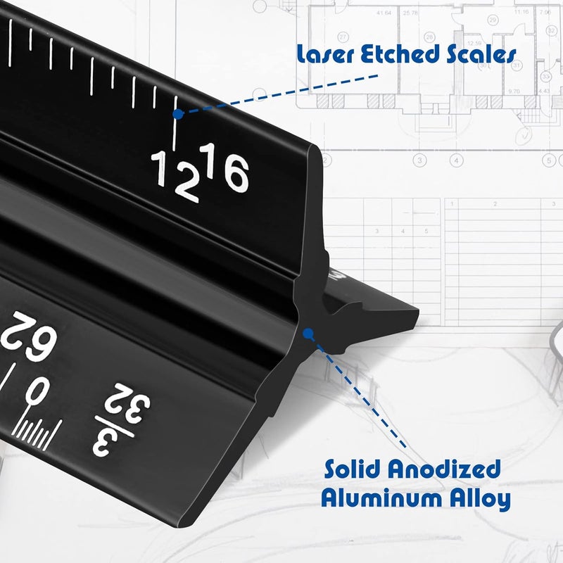 Macarrie ماكارى 10 قطع مسطرة معمارية مثلثية 12 مجموعة مساطر مهندسين من الألمنيوم المعدني مع قياسات إمبراطورية لطلاب الهندسة المعمارية والرسامين والمهندسين باللون الأسود - Image 4