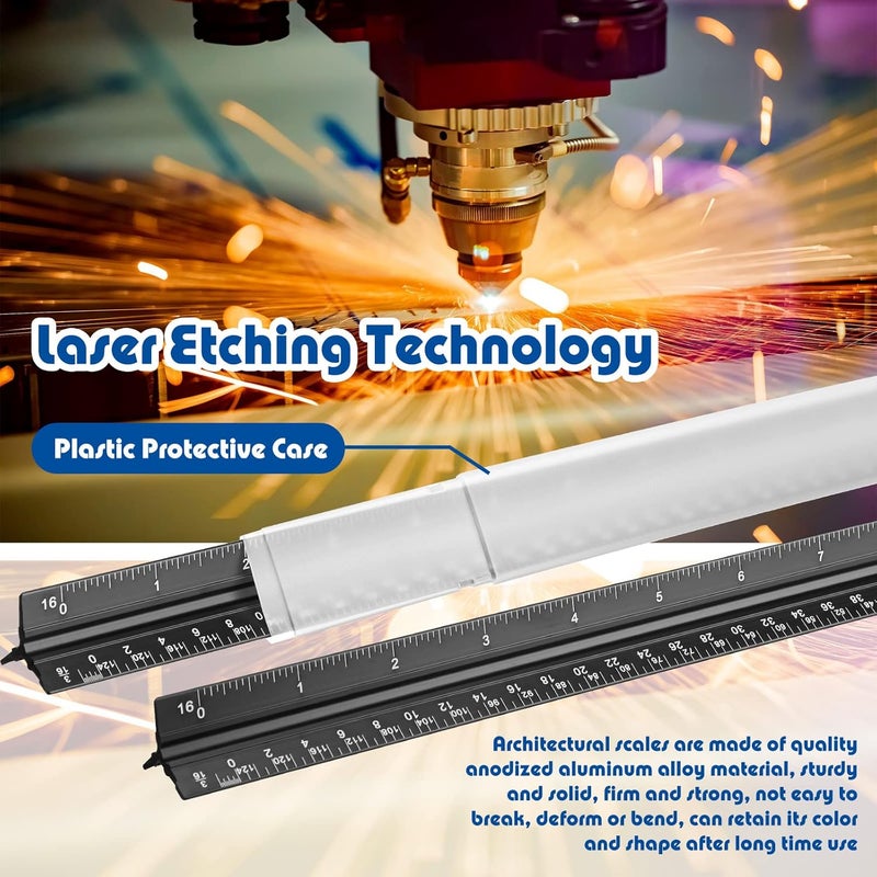Macarrie ماكارى 10 قطع مسطرة معمارية مثلثية 12 مجموعة مساطر مهندسين من الألمنيوم المعدني مع قياسات إمبراطورية لطلاب الهندسة المعمارية والرسامين والمهندسين باللون الأسود - Image 5