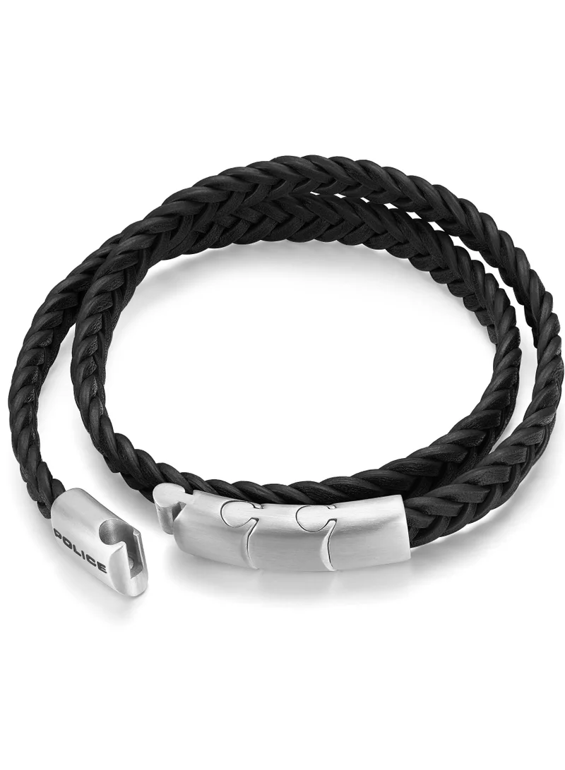 بوليس Braid Black Leather Stainless Steel Gents Bracelet