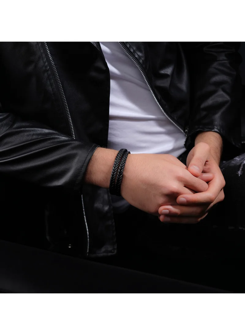 بوليس Braid Black Leather Stainless Steel Gents Bracelet