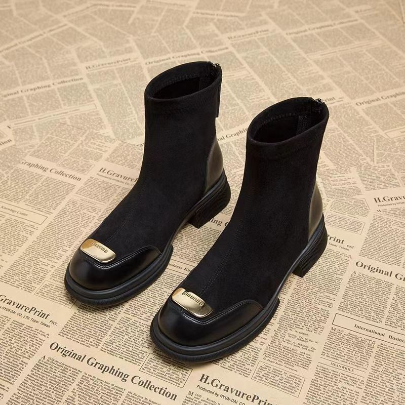 Foreign-Style Stitching Stretch Boots Women'S Slim Look Beautiful Short Boots All-Match Black Round Toe Suede Boots - Image 3