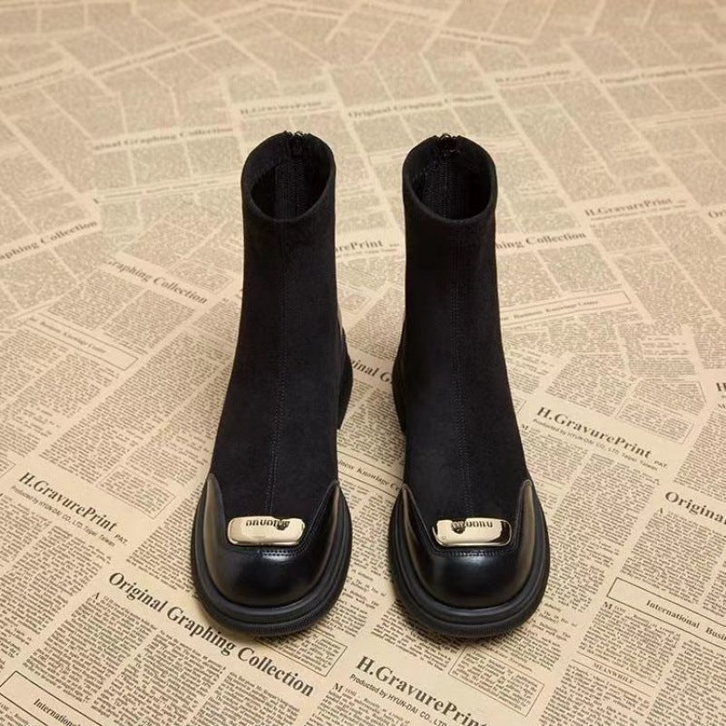 Foreign-Style Stitching Stretch Boots Women'S Slim Look Beautiful Short Boots All-Match Black Round Toe Suede Boots - Image 2