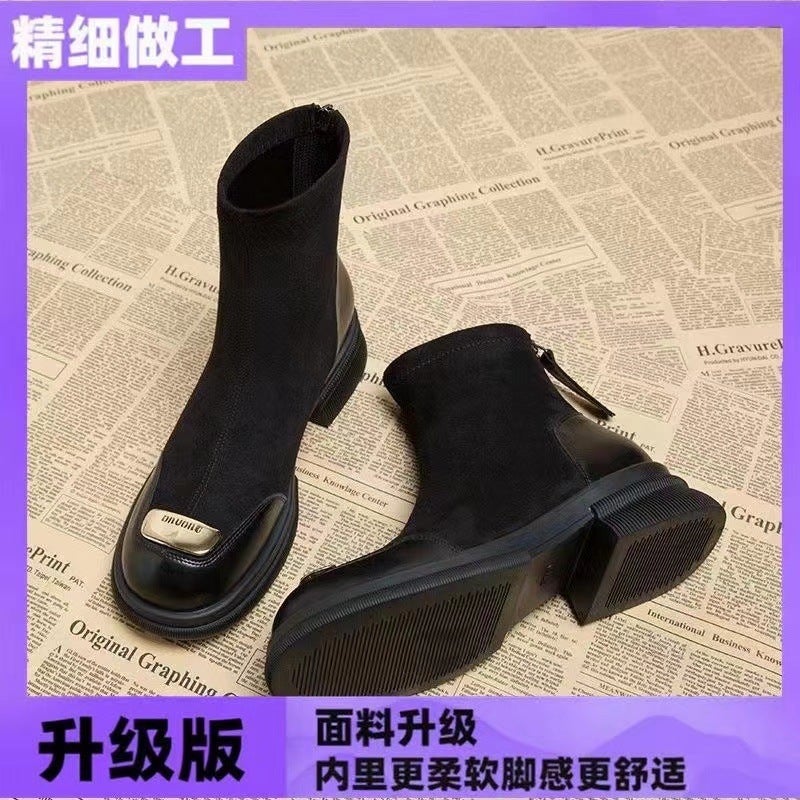 Foreign-Style Stitching Stretch Boots Women'S Slim Look Beautiful Short Boots All-Match Black Round Toe Suede Boots - Image 1