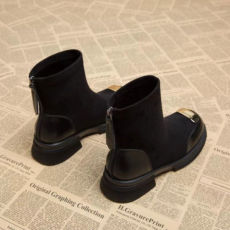 Foreign-Style Stitching Stretch Boots Women'S Slim Look Beautiful Short Boots All-Match Black Round Toe Suede Boots - Image 4