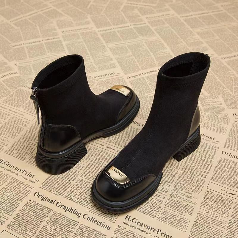 Foreign-Style Stitching Stretch Boots Women'S Slim Look Beautiful Short Boots All-Match Black Round Toe Suede Boots - Image 5