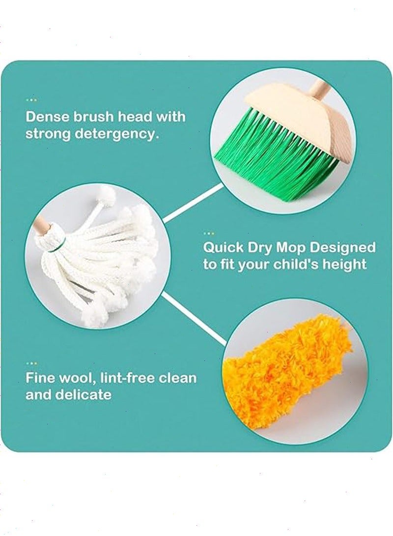 Wooden detachable cleaning toys for kids that includes a broom, mop, duster, brush, shovel, bucket, dish cloth and hanging stand, set of 9 - Image 5