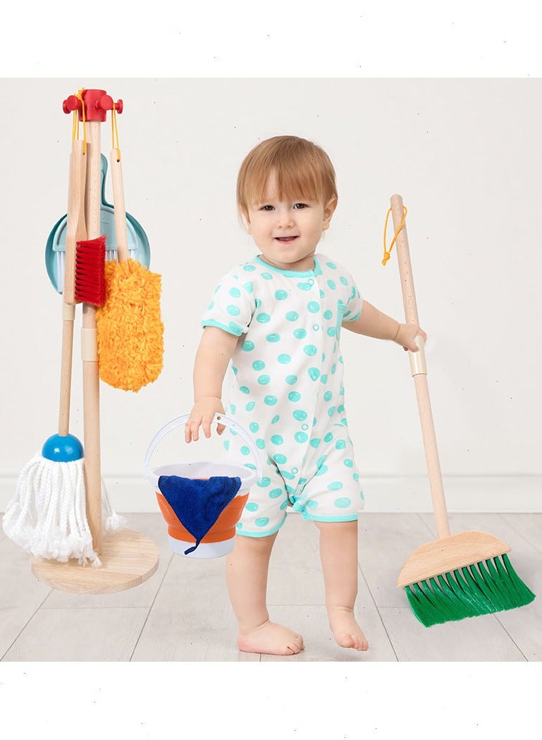 Wooden detachable cleaning toys for kids that includes a broom, mop, duster, brush, shovel, bucket, dish cloth and hanging stand, set of 9 - Image 2