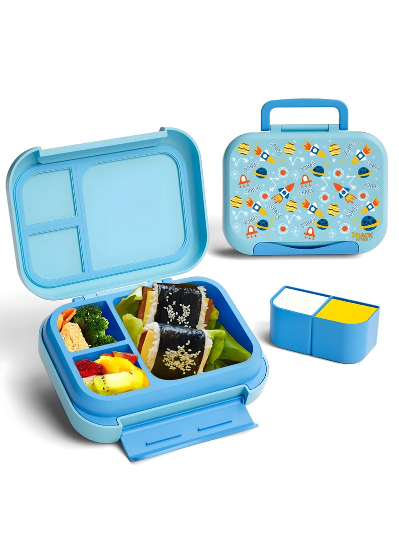 Snack attack صندوق غداء الأطفال سناك أتاك صاروخ الفضاء – صندوق بنتو قابل للتحويل 3 أو 5 أقسام مقاوم للتسرب من الفولاذ المقاوم للصدأ – خالي من BPA مع ختم سيليكون – حاوية غمس إضافية – تصميم ممتع للفضاء الخارجي - Image 1