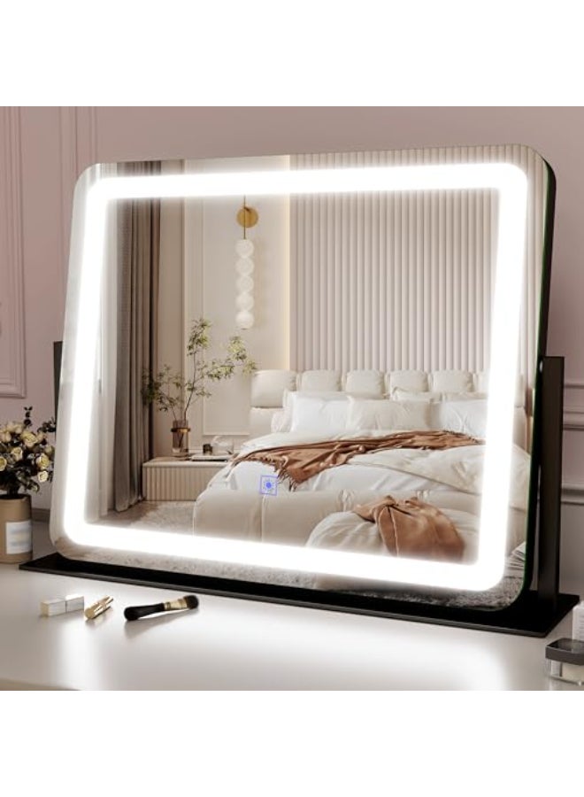 22X17 INCH LIGHTED VANITY MIRROR WITH DIMMABLE LED LIGHTS 3 COLOR MODES SMART TOUCH CONTROL 360 ROTATING BASE DESK MAKEUP MIRROR BLACK