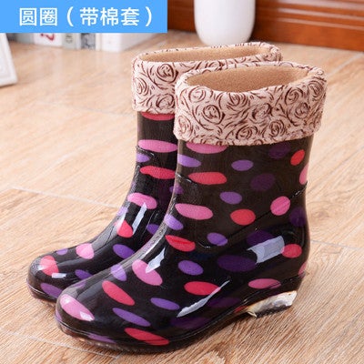 Korean Style Fleece-lined Mid-barrel Fashion Rain Boots Womens Outerwear New Fashionable Crystal Work Womens Rain Boots203 dot red (with cotton) 203 dot red (with cotton) 