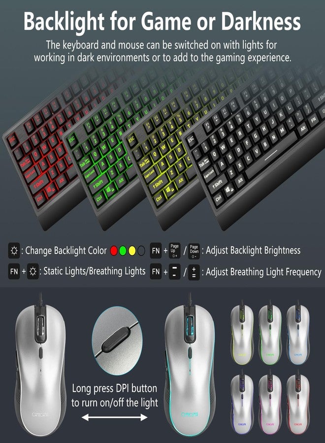 CHONCHOW Large Print Keyboard and Mouse Combo, Red-Yellow-Blue Backlight Quiet Keyboard with Wrist Rest, Oversized Letters, USB Wired, Full Size Keyboard with mice Set Compatible for Windows,PC, Laptop - Black - Image 2