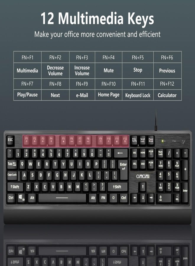 CHONCHOW Large Print Keyboard and Mouse Combo, Red-Yellow-Blue Backlight Quiet Keyboard with Wrist Rest, Oversized Letters, USB Wired, Full Size Keyboard with mice Set Compatible for Windows,PC, Laptop - Black - Image 3