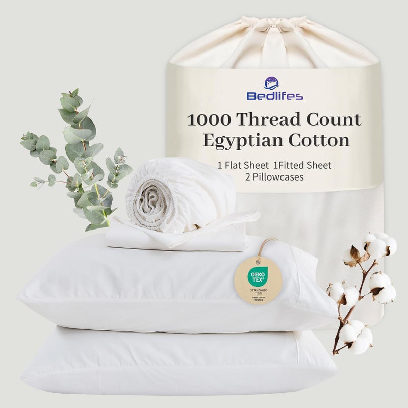 Bedlifes Egyptian Cotton Sheets 1000 Thread Count Queen Size, 4-Piece 16" Deep Pocket - Cooling & Breathable Ultra Soft Bedding for Hotel Comfort (White) - Image 1