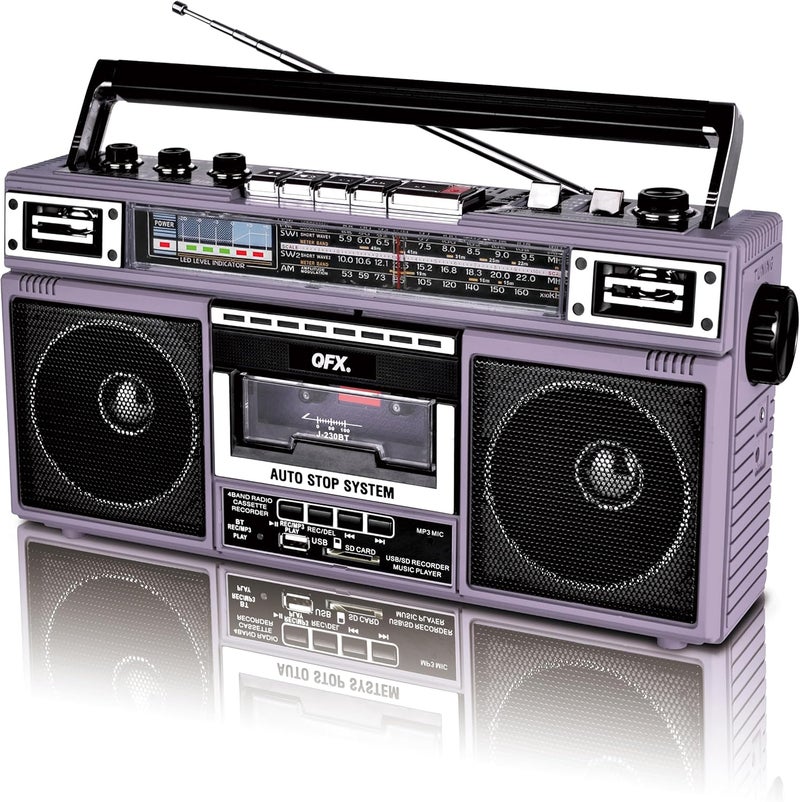 QFX J-220BT Purple Boombox MP3 Conversion from Radio to Cassette with 4-Band (AM, FM, SW1, SW2) Radio with Bluetooth, Dual 3” Speakers, Built-in Microphone, Recorder, and a 3-Band Equalizer - Image 2