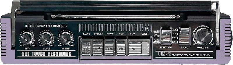 QFX J-220BT Purple Boombox MP3 Conversion from Radio to Cassette with 4-Band (AM, FM, SW1, SW2) Radio with Bluetooth, Dual 3” Speakers, Built-in Microphone, Recorder, and a 3-Band Equalizer - Image 5