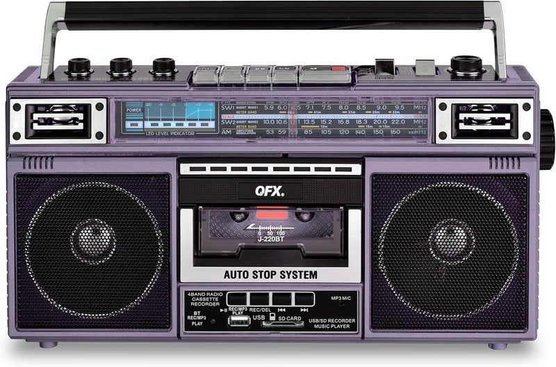 QFX J-220BT Purple Boombox MP3 Conversion from Radio to Cassette with 4-Band (AM, FM, SW1, SW2) Radio with Bluetooth, Dual 3” Speakers, Built-in Microphone, Recorder, and a 3-Band Equalizer - Image 1
