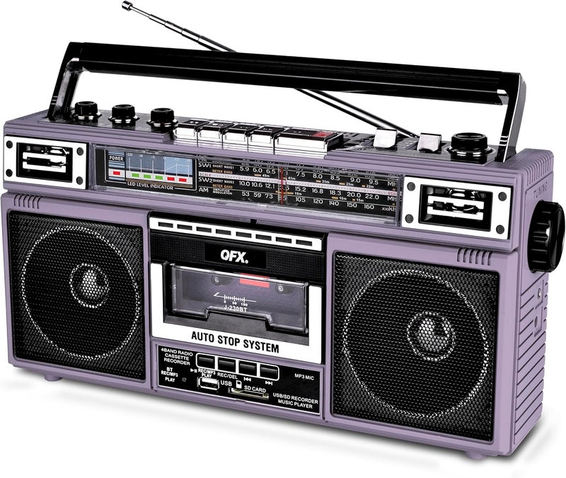QFX J-220BT Purple Boombox MP3 Conversion from Radio to Cassette with 4-Band (AM, FM, SW1, SW2) Radio with Bluetooth, Dual 3” Speakers, Built-in Microphone, Recorder, and a 3-Band Equalizer - Image 4