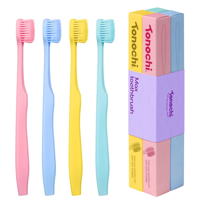 Tonochi Max Extra Soft Toothbrush for Adults with Sensitive Gums, Soft Bristle Toothbrushes, Wide Head for Back Teeth, Ergonomic Non-Slip Grip, BPA Free, Individually Wrapped, 4 Pack, Macaron Set - Image 1