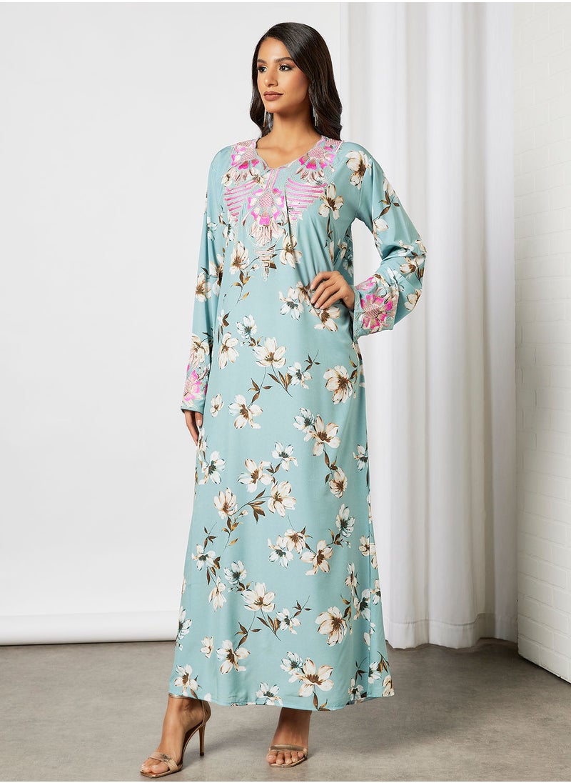 Hayat - Jalabiya With Heart Floral Shaped Embroidery With Belt - Image 1