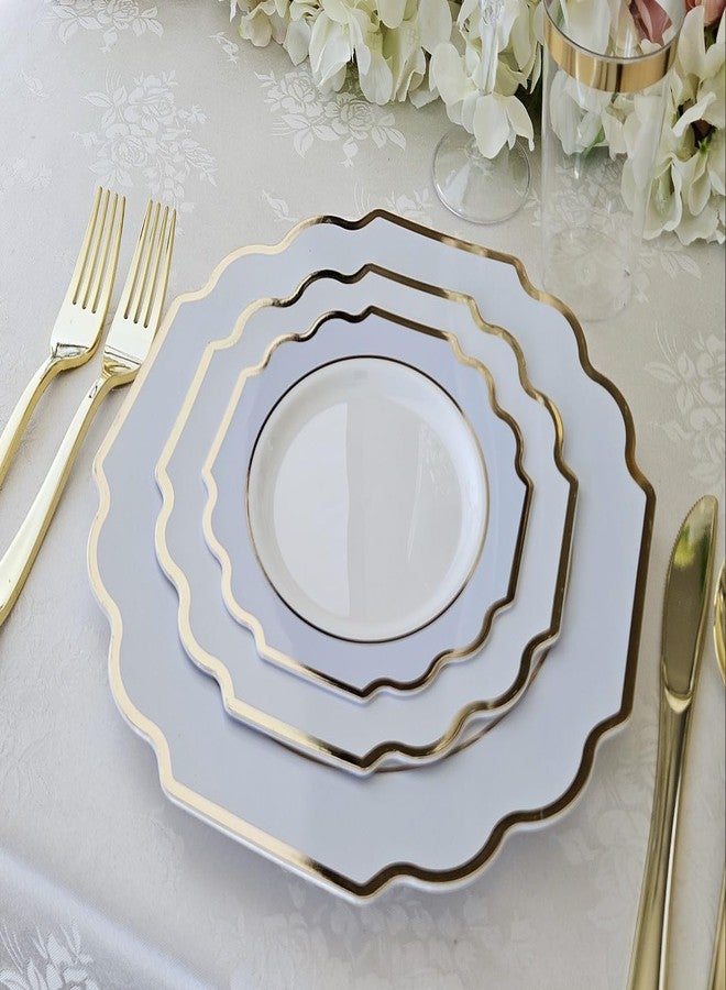 OCCASIONS FINEST PLASTIC TABLEWARE " OCCASIONS " 150 Piece set (25 Guests)-Wedding Plastic Plates & cutlery -Disposable heavyweight Dinnerware 10.5'', 8'' + Silverware w/double fork (Imperial in White/Blue & Gold) - Image 3