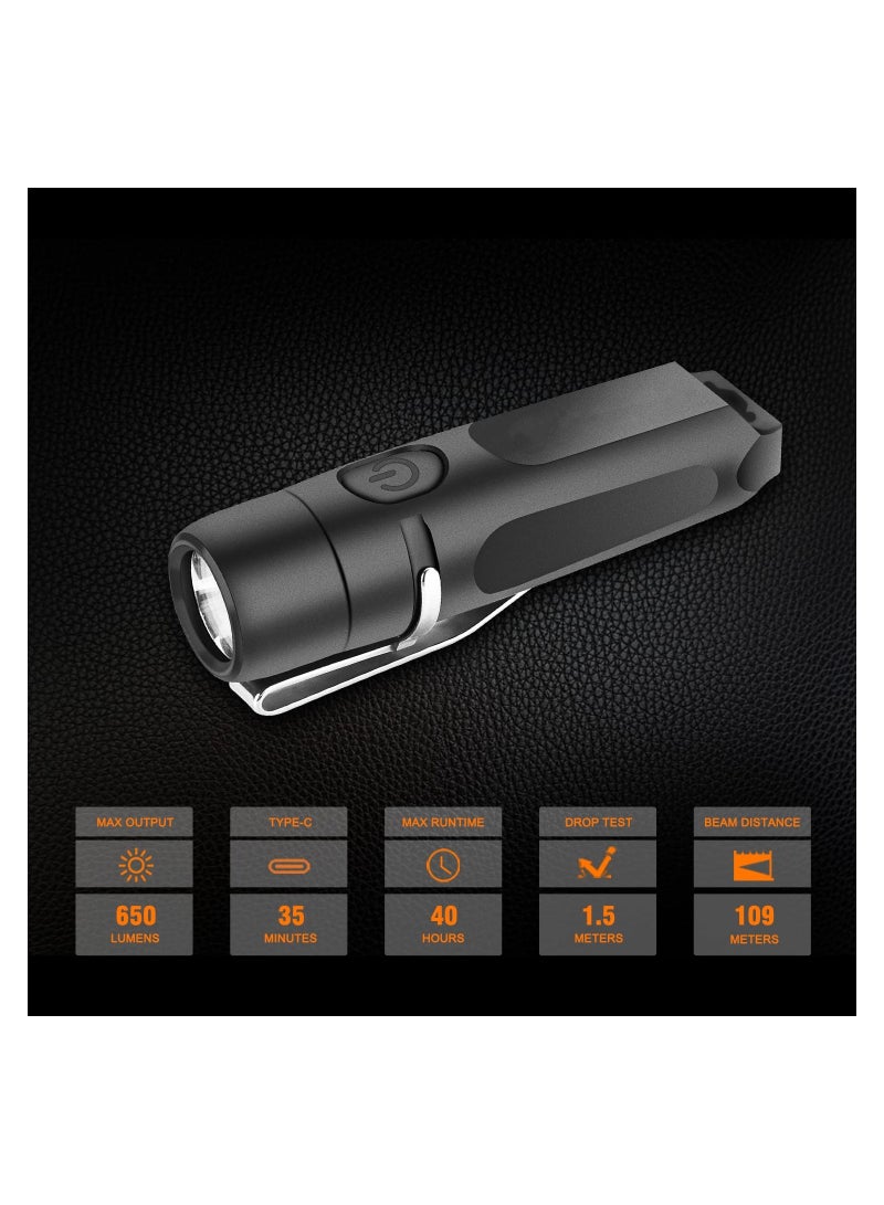 650 Lumens Rechargeable Keychain Flashlight, EDC Pocket Flashlight Mini Rechargeable Flashlight High Lumens Keychain Flashlight Pocket-Sized Flashlight for Camping Outdoors Emergency - Image 2