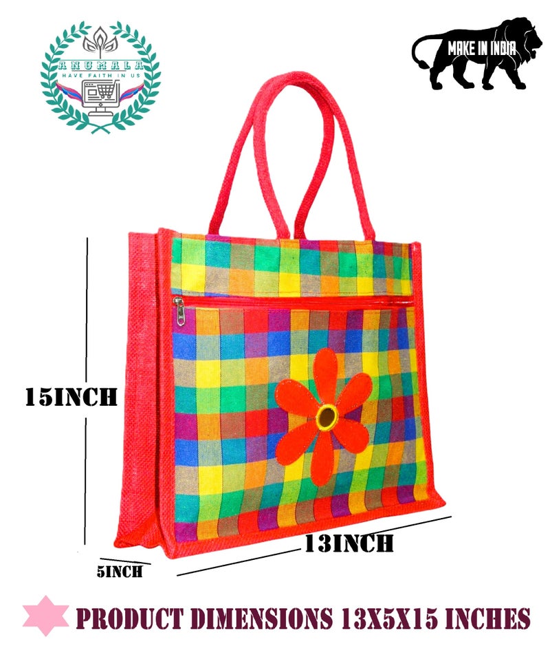 Anumala® Multicolor Jute & Canvas Checked Embroidery Tote Bags With Two Pockets | Zipper closure|Perfect for Office,Return Gifts, & DailyUse|13x5x15inches. (Pack Of 4) - Image 2