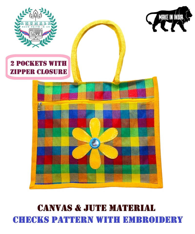 Anumala® Multicolor Jute & Canvas Checked Embroidery Tote Bags With Two Pockets | Zipper closure|Perfect for Office,Return Gifts, & DailyUse|13x5x15inches. (Pack Of 4) - Image 4